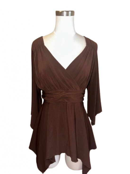 Camo Tops - Y2K Cocomo Faux Wrap Tunic Top Brown Handkerchief Hem Tie Waist Women’s L
